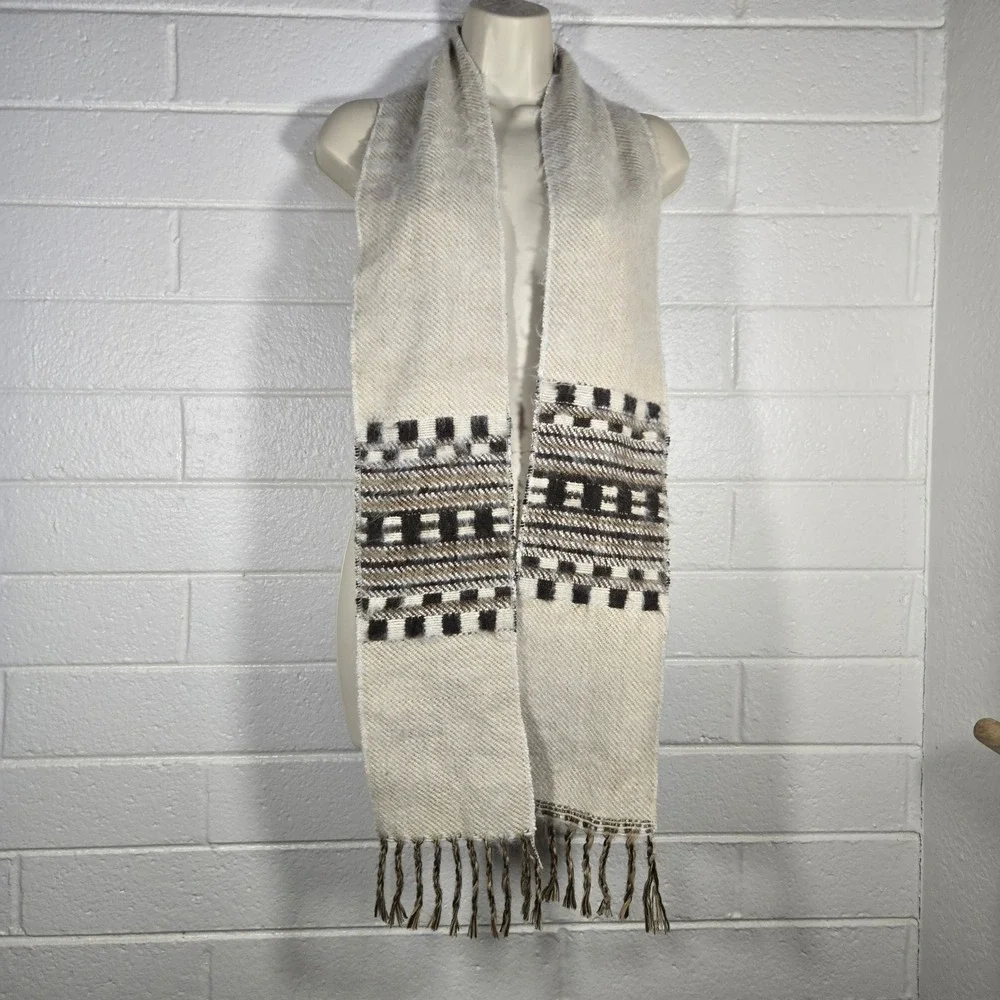 100% Wool Fringe Scarf Check Geometric Striped Woven Winter Warm Cabin Peru 6x72